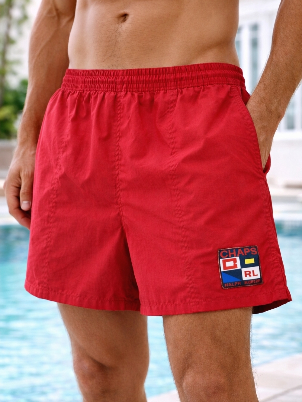 Vintage 90s Chaps Ralph Lauren Swim Trunks Red Nylon Logo XL Short Inseam